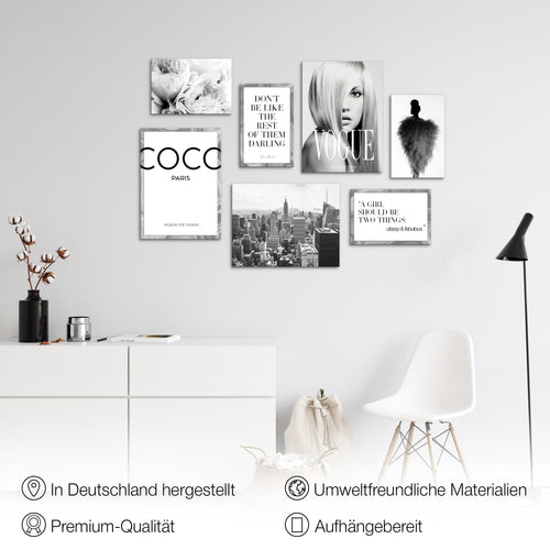 Novart Wandbilder Fashion - KOMPLETT AUFHÄNGFERTIG - Schwarz Weiss Wohnzimmer Mädchen Teenager - 7 Moderne Mood-Bilder - N002171a