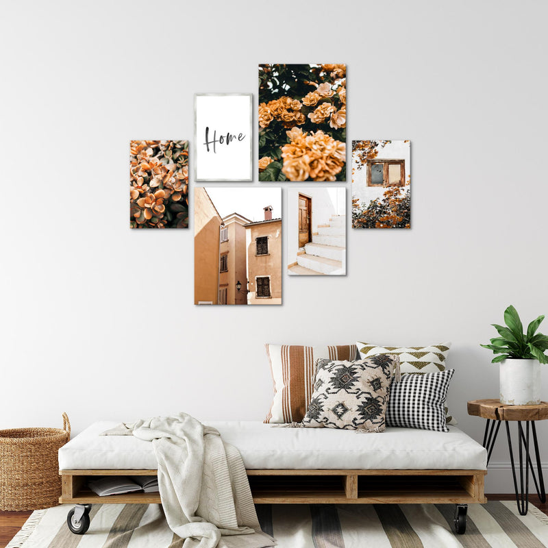 Novart Wandbilder Set Home Blumen Orange - KEIN EXTRA RAHMEN BENÖTIGT -  Modern Deko  - Wohnzimmer Schlafzimmer N010163a