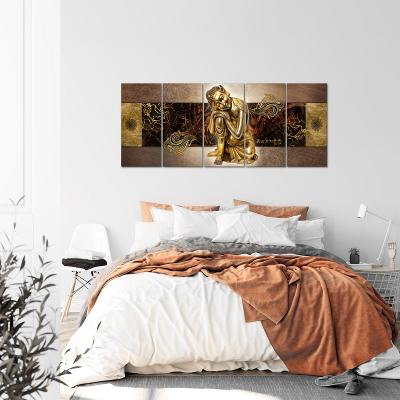 Runa Art Wandbild XXL Buddha Zen Wohnzimmer Schlafzimmer 200 x 80 cm Gold 5 Teilig - Made in Germany - 041355a