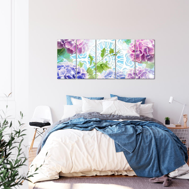 Runa Art Wandbild XXL Blumen Hortensien Wohnzimmer Schlafzimmer 200 x 80 cm Bunt 5 Teilig - Made in Germany - 017555b