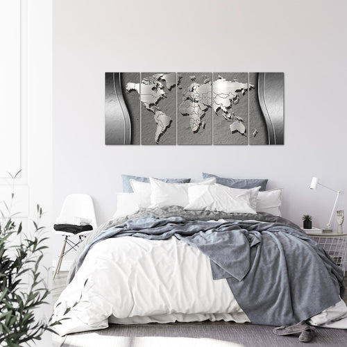 Runa Art Wandbild XXL Weltkarte Büro Wohnzimmer 200 x 80 cm Silber 5 Teilig - Made in Germany - 107255b