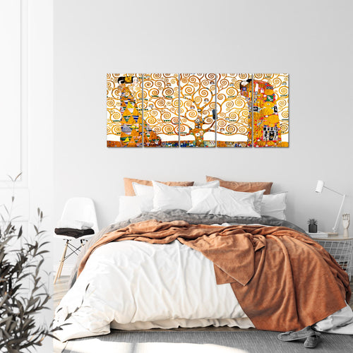 Runa Art Wandbild XXL Gustav Klimt Baum des Lebens Wohnzimmer 200 x 80 cm Gelb 5 Teilig - Made in Germany - 700055a