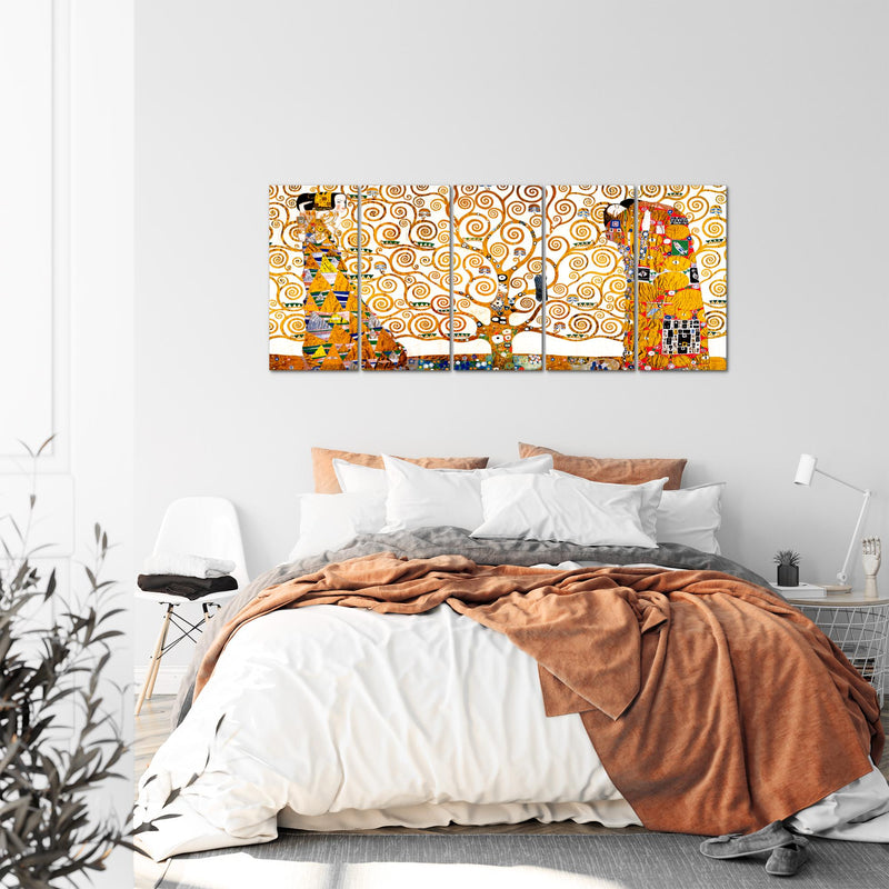Runa Art Wandbild XXL Gustav Klimt Baum des Lebens Wohnzimmer 200 x 80 cm Gelb 5 Teilig - Made in Germany - 700055a