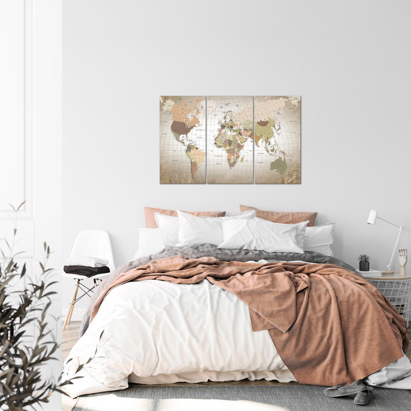 Runa Art Wandbilder Weltkarte Bild XXL Büro Wohnzimmer Beige Kontinente 120 x 80 cm 3 Teilig 023331b