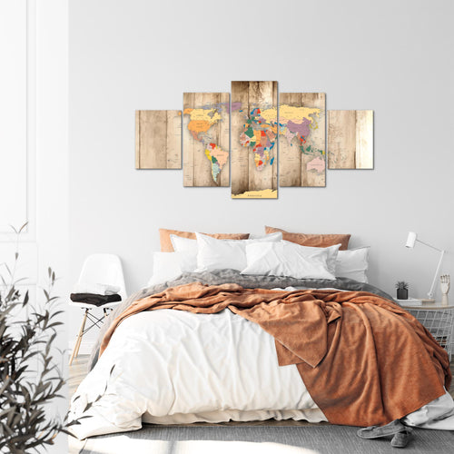 Runa Art - Bilder Weltkarte Holz 200 x 100 cm 5 Teilig XXL Wanddekoration Design Biege 108751a