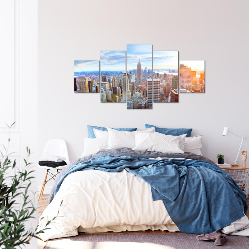 Runa Art - Bilder New York Skyline 200 x 100 cm 5 Teilig XXL Wanddekoration Design Blau Beige 010251a