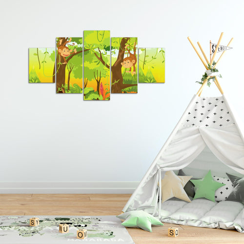 Runa Art Bild Spielzimmer Baby Tiere Dschungel 5 Teilig Kinderzimmer Bunt Wandbilder auf Vlies Leinwand 001853b