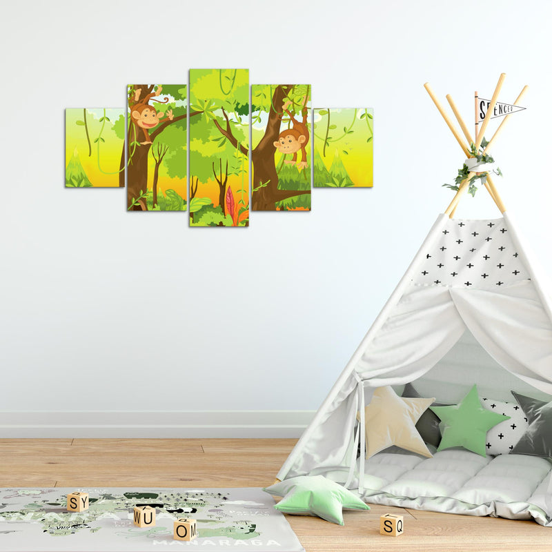 Runa Art Bild Spielzimmer Baby Tiere Dschungel 5 Teilig Kinderzimmer Bunt Wandbilder auf Vlies Leinwand 001853b