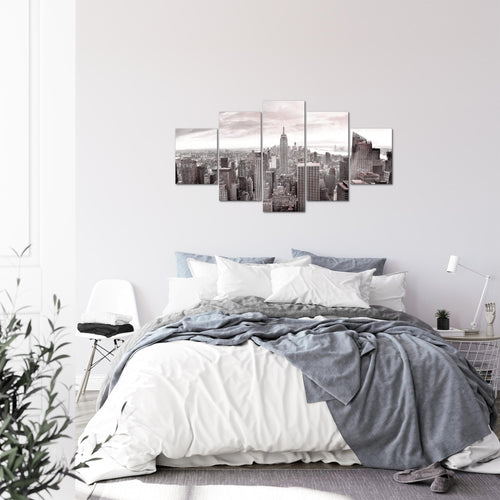 Runa Art Bild Wohnzimmer Büro New York Skyline 5 Teilig USA Grau Rosa Wandbilder auf Vlies Leinwand 010253b