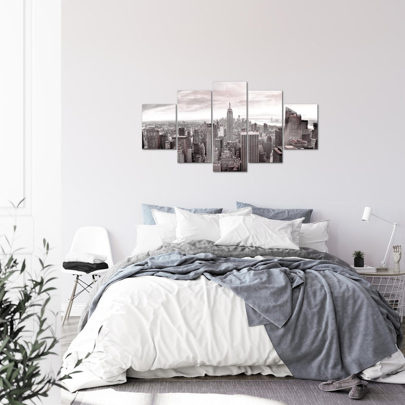 Runa Art Bild Wohnzimmer Büro New York Skyline 5 Teilig USA Grau Rosa Wandbilder auf Vlies Leinwand 010253b