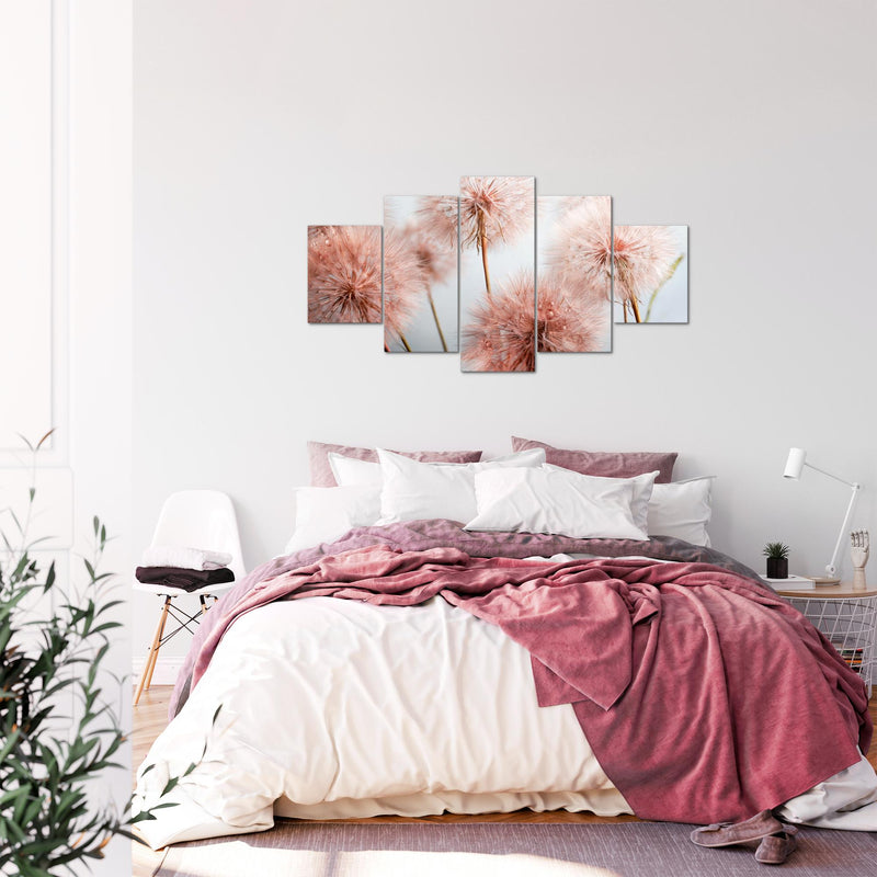 Runa Art Bild Wohnzimmer Schlafzimmer Blumen Pusteblumen 5 Teilig Natur Grau Rosa Wandbilder auf Vlies Leinwand 042053a