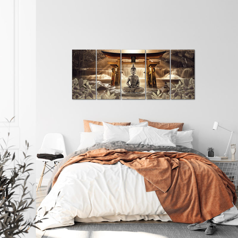 Runa Art Wandbild XXL Feng Shui Buddha Wohnzimmer Schlafzimmer 200 x 80 cm Braun 5 Teilig - Made in Germany - 036455b