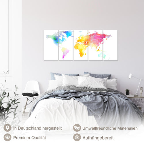 Runa Art Wandbilder XXL Weltkarte Wohnzimmer Schlafzimmer Büro 200L x 80B cm Weltkarte Farben 5 Teilig - Made in Germany - 057555a