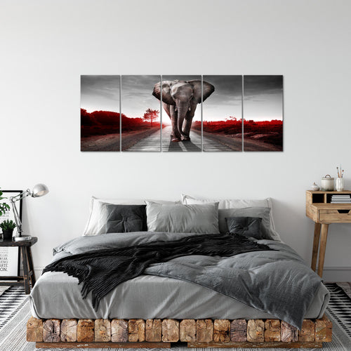 Runa Art Wandbild XXL Afrika Elefant Wohnzimmer Schlafzimmer 200 x 80 cm Rot Grau 5 Teilig - Made in Germany - 042655b