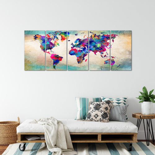 Runa Art Wandbild XXL Weltkarte Büro Wohnzimmer 200 x 80 cm Bunt 5 Teilig - Made in Germany - 013355a