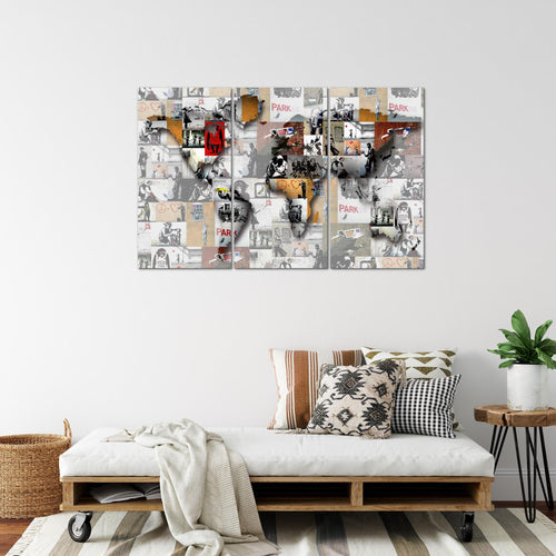 Runa Art Wandbilder Weltkarte Banksy Collage Bild XXL Loft Wohnzimmer Rosa Pop Art 120 x 80 cm 3 Teilig 104531b