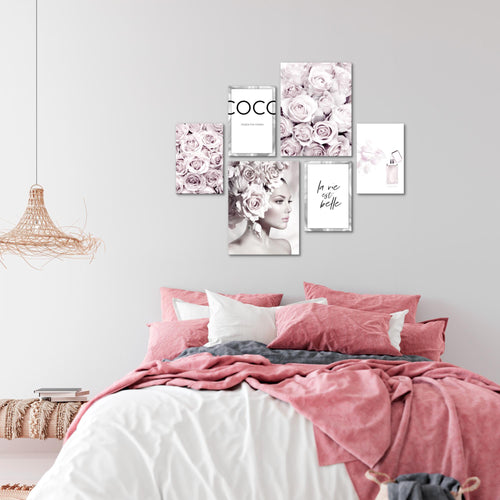 Novart Wandbilder Set Coco Fashion Grau Rosa - KEIN EXTRA RAHMEN BENÖTIGT -  Modern Deko  - Wohnzimmer Mädchen Teenager N000763a
