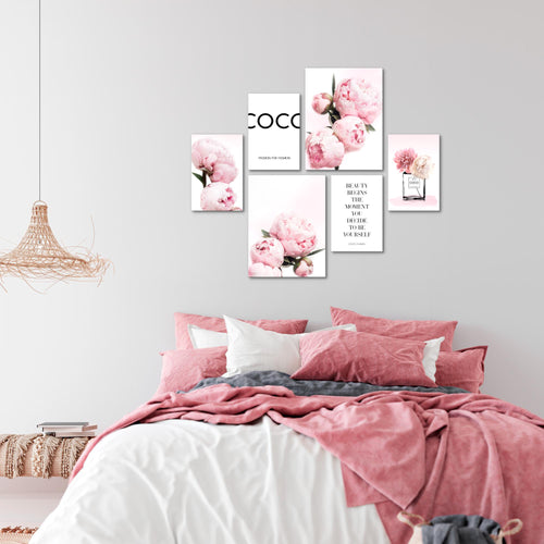 Novart Wandbilder Set Blumen Pfingstrosen Coco - KEIN EXTRA RAHMEN BENÖTIGT -  Modern Deko  - Wohnzimmer Mädchen Teenager N009463a