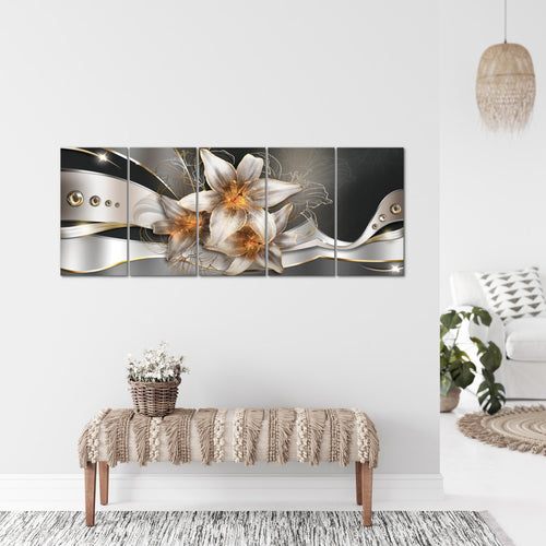 Runa Art Wandbild XXL Blumen Lilien Wohnzimmer Schlafzimmer 200 x 80 cm Gelb Gold 5 Teilig - Made in Germany - 039655a