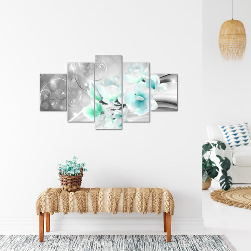 Runa Art Bild Wohnzimmer Schlafzimmer Blumen Abstrakt 5 Teilig Diamant Grau Türkis Wandbilder auf Vlies Leinwand 035353c