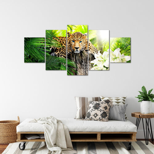Runa Art - Bilder Afrika Leopard 200 x 100 cm 5 Teilig XXL Wanddekoration Design Grün 006751b