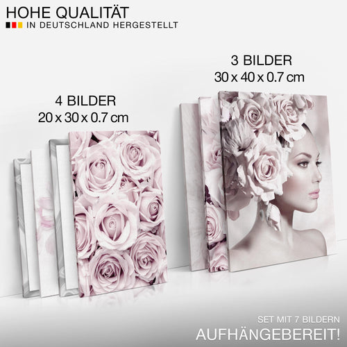 Novart Wandbilder Coco Fashion - KOMPLETT AUFHÄNGFERTIG - Grau Rosa Wohnzimmer Mädchen Teenager - 7 Moderne Mood-Bilder - N000771a