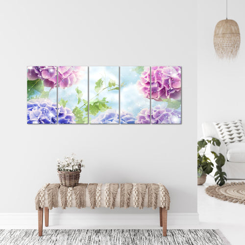 Runa Art Wandbild XXL Blumen Hortensien Wohnzimmer Schlafzimmer 200 x 80 cm Blau 5 Teilig - Made in Germany - 017455a