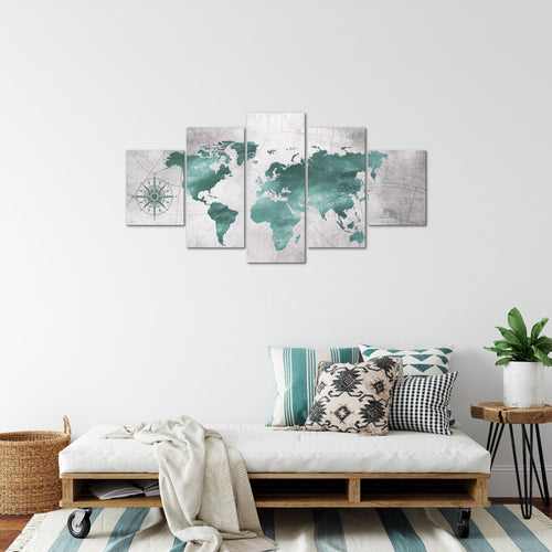 Runa Art Bild Büro Wohnzimmer Weltkarte 5 Teilig Vintage Grün Grau Wandbilder auf Vlies Leinwand 026053c
