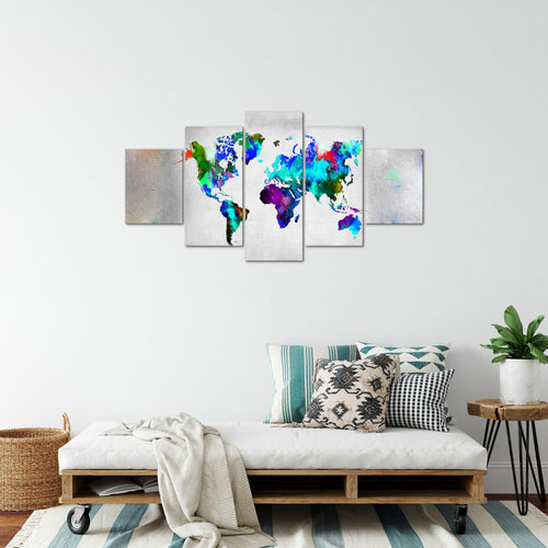 Runa Art Bild Büro Wohnzimmer Weltkarte 5 Teilig Stein Beton Bunt Wandbilder auf Vlies Leinwand 108853b