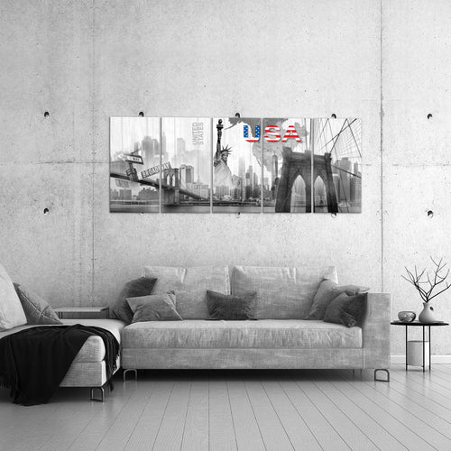 Runa Art Wandbild XXL New York Wohnzimmer Büro 200 x 80 cm Schwarz Weiss 5 Teilig - Made in Germany - 034755c