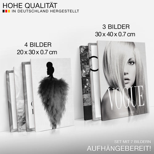 Novart Wandbilder Fashion - KOMPLETT AUFHÄNGFERTIG - Schwarz Weiss Wohnzimmer Mädchen Teenager - 7 Moderne Mood-Bilder - N002171a