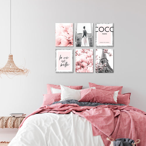 Novart Wandbilder - KEIN EXTRA RAHMEN BENÖTIGT - Wohnzimmer Mädchen Teenager - Bilder Modern Fashion Coco - Grau Rosa - N002465a