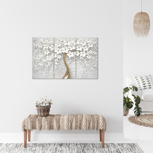 Runa Art Wandbilder Blumen Bild XXL Wohnzimmer Schlafzimmer Weiss Gold Abstrakt Baum 120 x 80 cm 3 Teilig 039731a