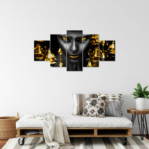 Runa Art Bild Wohnzimmer Schlafzimmer Frau Gesicht Lippen 5 Teilig Kosmetik Fashion Schwarz Gold Wandbilder auf Vlies Leinwand 042153c