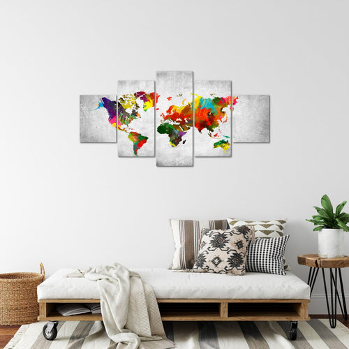 Runa Art Bild Büro Wohnzimmer Weltkarte 5 Teilig Landkarte Beton Bunt Wandbilder auf Vlies Leinwand 105153c
