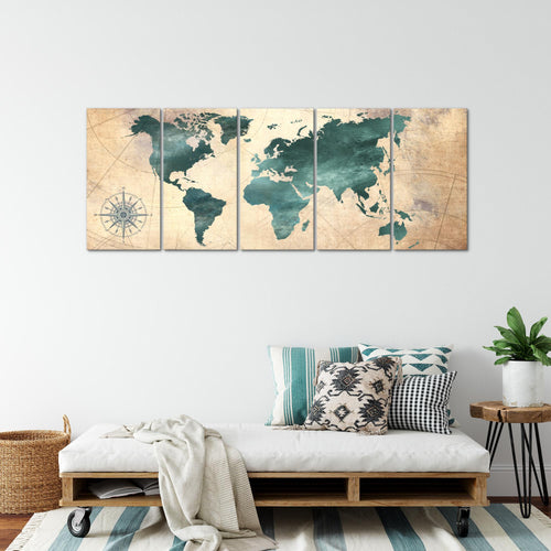 Runa Art Wandbild XXL Weltkarte Büro Wohnzimmer 200 x 80 cm Grün braun 5 Teilig - Made in Germany - 026055a