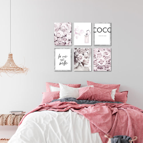 Novart Wandbilder - KEIN EXTRA RAHMEN BENÖTIGT - Wohnzimmer Mädchen Teenager - Bilder Modern Coco Fashion - Grau Rosa - N000765a