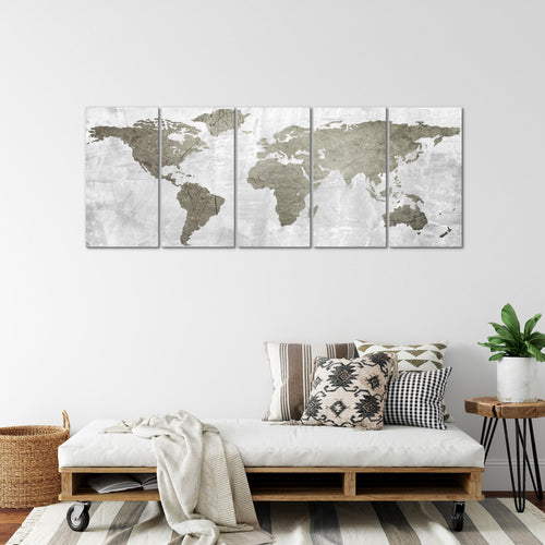 Runa Art Wandbild XXL Weltkarte Büro Wohnzimmer 200 x 80 cm Braun 5 Teilig - Made in Germany - 104355b