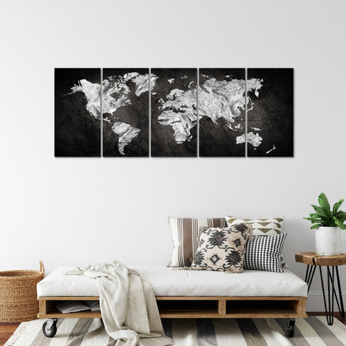 Runa Art Wandbild XXL Weltkarte Büro Wohnzimmer 200 x 80 cm Schwarz Weiss 5 Teilig - Made in Germany - 002955a