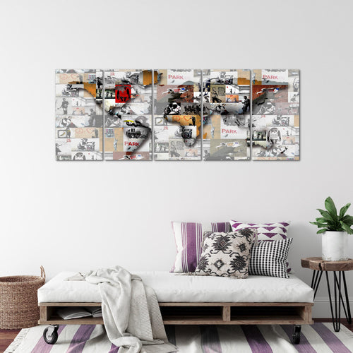 Runa Art Wandbild XXL Weltkarte Banksy Collage Loft Wohnzimmer 200 x 80 cm Bunt 5 Teilig - Made in Germany - 104555a