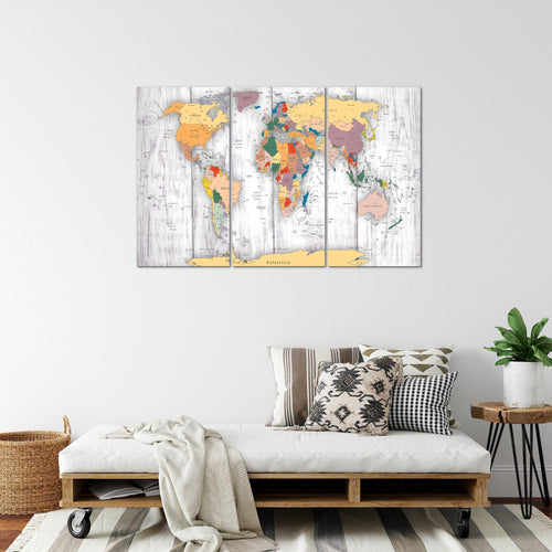 Runa Art Wandbilder Weltkarte Holz Bild XXL Büro Wohnzimmer Weiss Kontinente 120 x 80 cm 3 Teilig 108731c