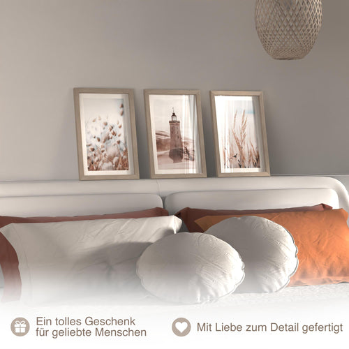 Novart Biler Set Lichtturm Boho Meer - mit Rahmen - Wohnzimmer Schlafzimmer Flur Wanddeko - 3 Wandbilder Beige - N134930aR1