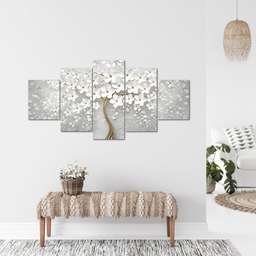 Runa Art - Bilder Blumen 200 x 100 cm 5 Teilig XXL Wanddekoration Design Weiss Gold 039751a