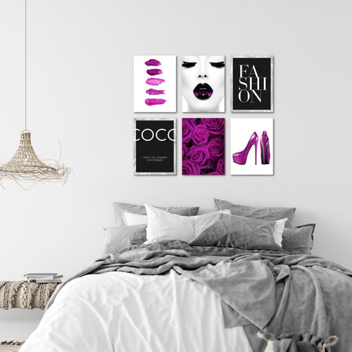 Novart Wandbilder - KEIN EXTRA RAHMEN BENÖTIGT - Wohnzimmer Mädchen Teenager - Bilder Modern Fashion Coco - Schwarz Weiss Violett - N002265c