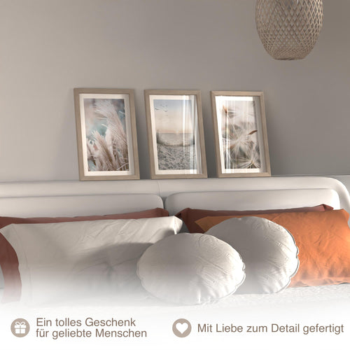 Novart Biler Set Strand Meer Boho - mit Rahmen - Wohnzimmer Schlafzimmer Flur Wanddeko - 3 Wandbilder Blau Beige - N133830aR1