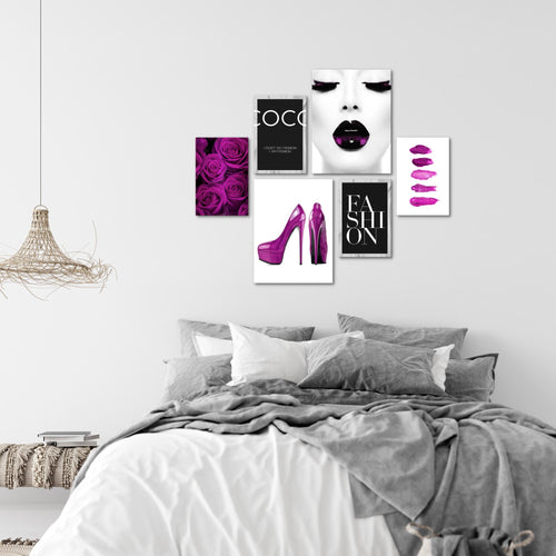 Novart Wandbilder Set Fashion Schwarz Weiss Violett - KEIN EXTRA RAHMEN BENÖTIGT -  Modern Deko  - Wohnzimmer Mädchen Teenager N002263c