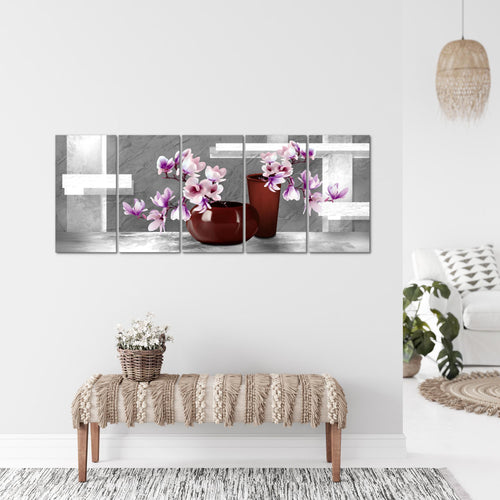 Runa Art Wandbild XXL Blumen Abstrakt Wohnzimmer Schlafzimmer 200 x 80 cm Grau Rosa 5 Teilig - Made in Germany - 035255c