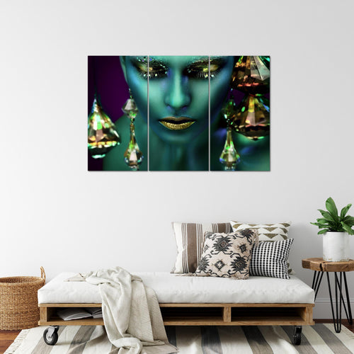 Runa Art Wandbilder Frau Gesicht Lippen Bild XXL Wohnzimmer Schlafzimmer Türkis Gold Kosmetik Fashion 120 x 80 cm 3 Teilig 042131a