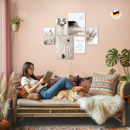 Novart Wandbilder Set Strand Boho Beige - KEIN EXTRA RAHMEN BENÖTIGT -  Modern Deko  - Wohnzimmer Schlafzimmer N028163a