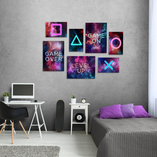 Novart Wandbilder Spielkonsole - KOMPLETT AUFHÄNGFERTIG - Gamer Kinderzimmer Junge Teenager - 7 Moderne Mood-Bilder - N021471a